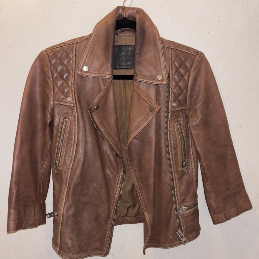 Pre-loved All Saints Summer Cropped Cargo Leather Jacket! Tan Size 0!